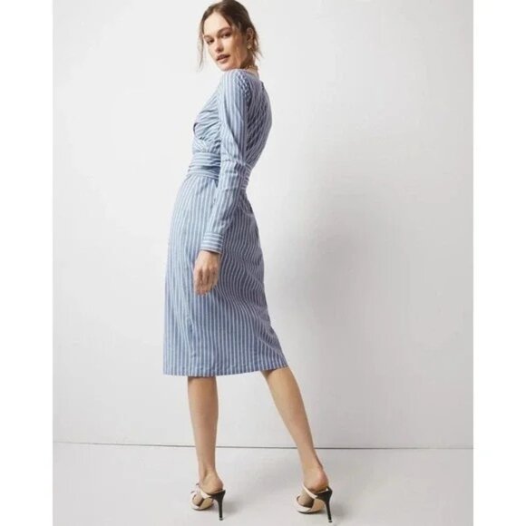 WHBM Blue & White Striped Poplin Twist Front Midi Shirt Dress Sz 10 Preppy - Picture 3 of 11